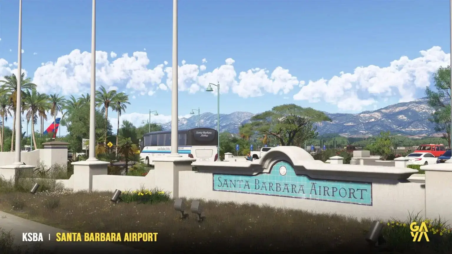 Gaya Santa Barbara (KSBA): Eingangsschild „Santa Barbara Airport“ mit Palmen und Bergen im Hintergrund